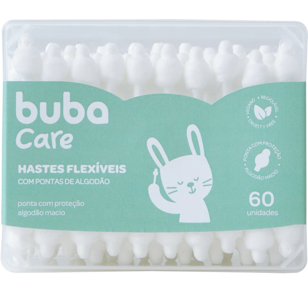 Cotonetes Hastes Flexíveis Buba Care com Pontas de Algodão Macio Protecao ao seu Bebê