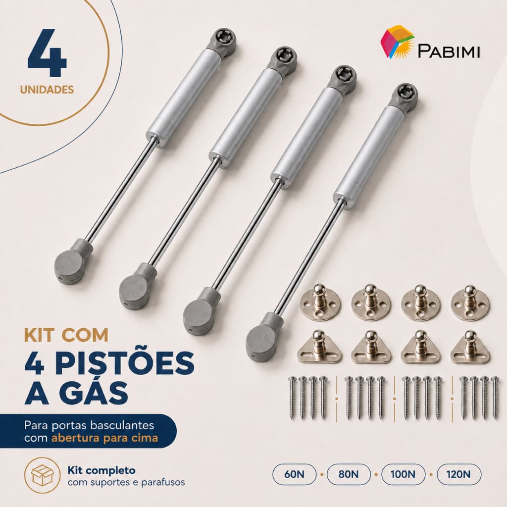 Kit 4 Pistões a Gás Porta Basculante Abre Para Cima Armário 60N 80N 100N 120N