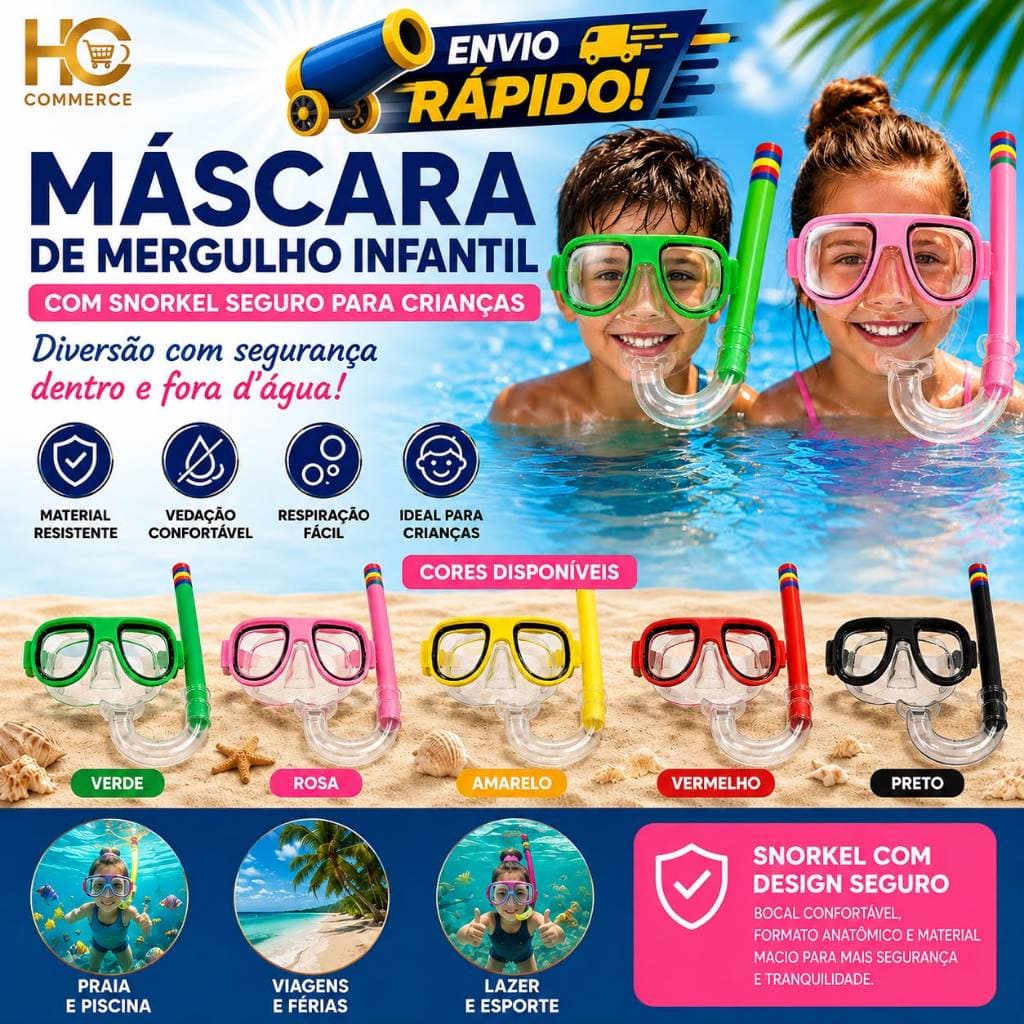 Óculos de Mergulho Infantil para Nadar e Brincar - Crianças em Piscinas, Praias e Parques Aquáticos