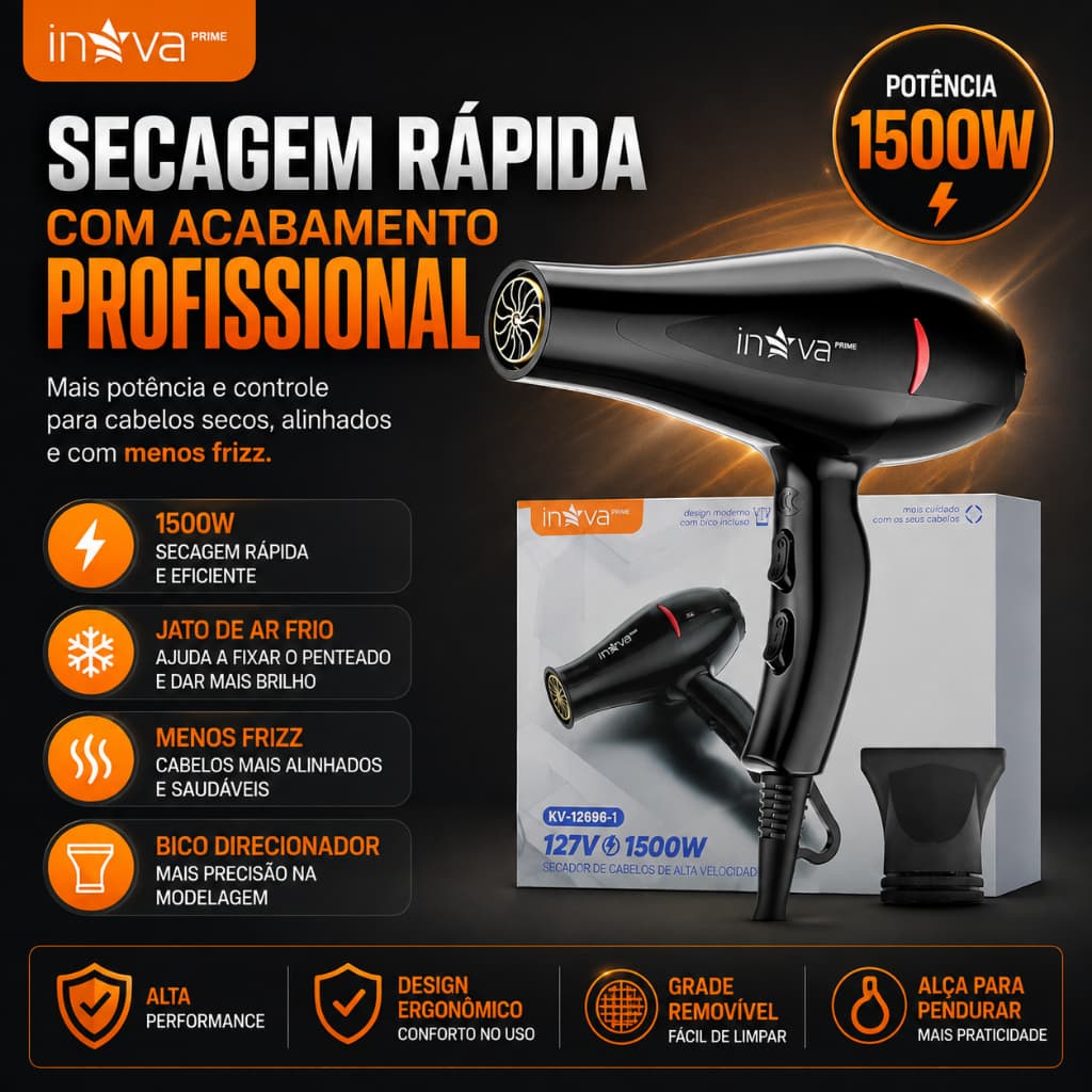 Secador de Cabelo Profissional Inova 127V Antifrizz com Jato Frio e Bico Direcionador - KV-12696