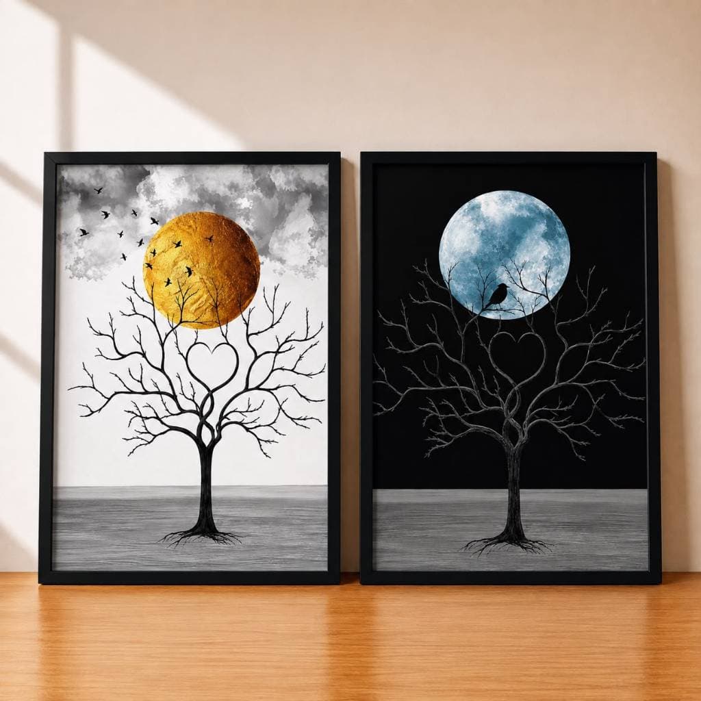Kit 2 Quadros Decorativos Árvore da Vida Lua Dourada e Lua Azul Moldura Branca e preto com Vidro