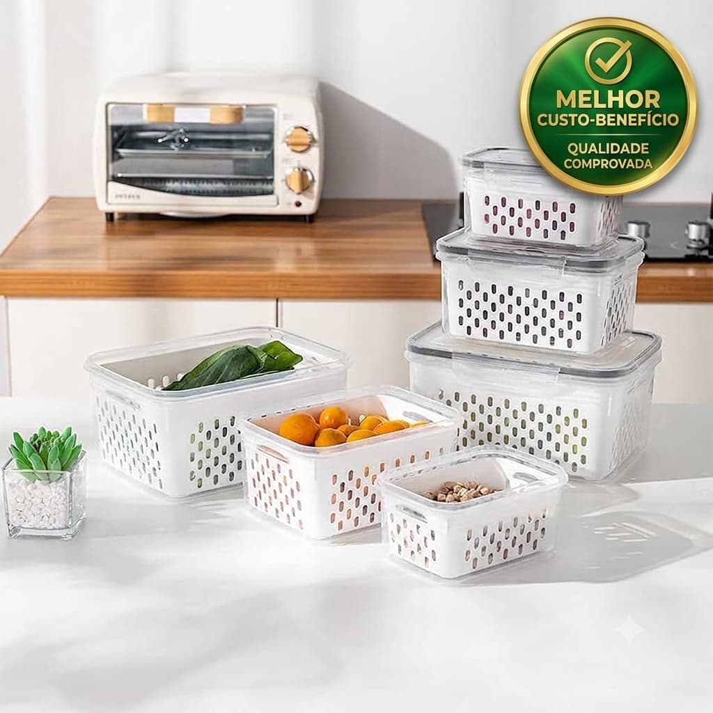 Kit 3/6 Potes Herméticos Com Cesto & Dreno Lavagem Frutas Organizador Geladeira 🥗
