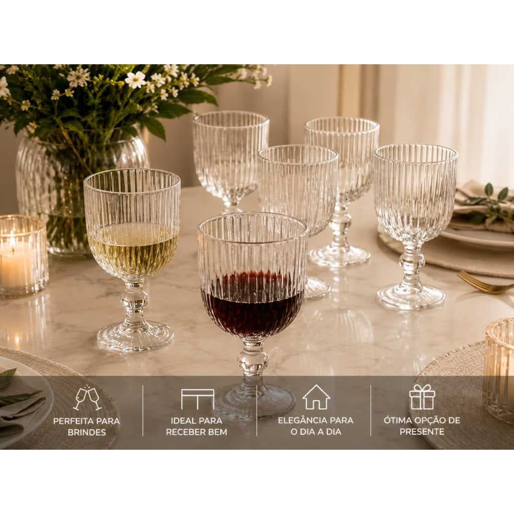 Jogo De taças Cameratta Canelada 360ml em Vidro Resistente - Elegancia e Sofisticação Para Mesas Visitas Charme Cozinha