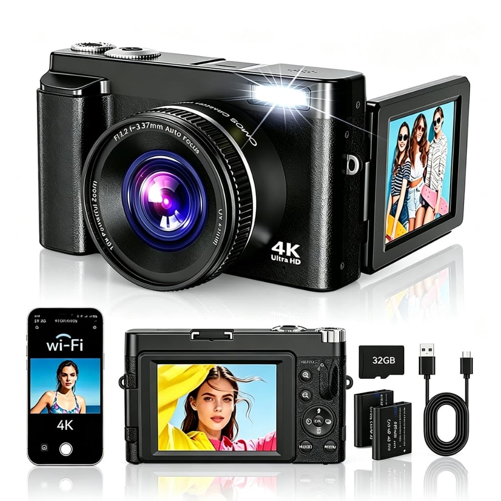 Câmera Digital 4K 64MP para Vlog e Iniciantes com Estabilizador e Zoom 16X + Cartão 32GB – Preto ou Branco