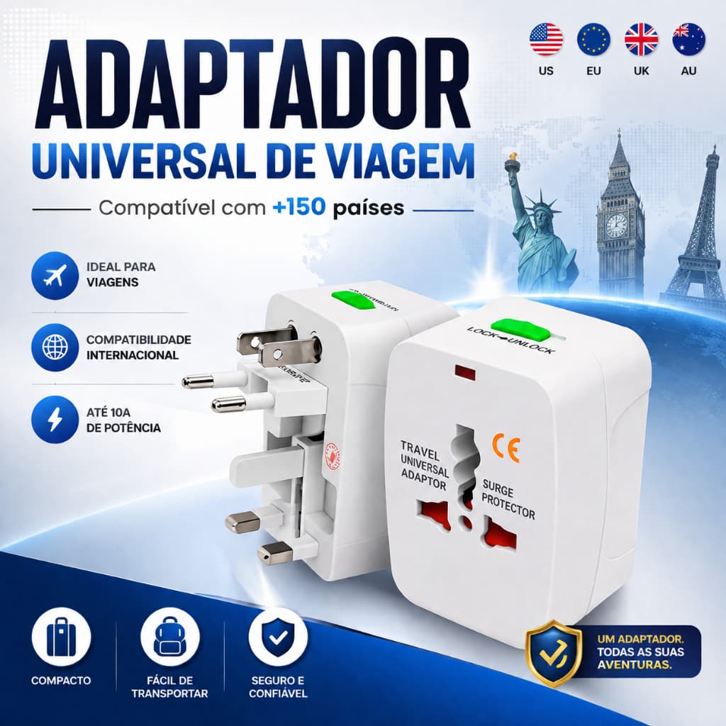 Adaptador Universar Internacional de Viagem para Tomadas - Conversor Universal com Pinos EUA/Europa/Reino Unido/Austráli