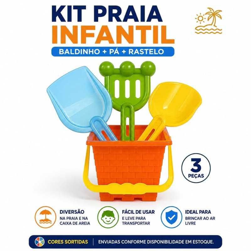 Kit Praia Infantil Baldinho Pá Rastelo Brinquedo de Areia 3 Peças R-3