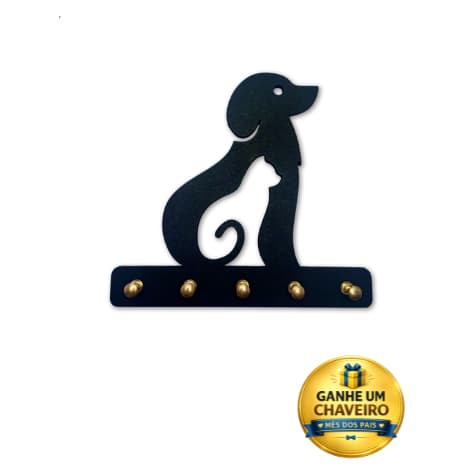 Porta-Chaves Pet Vazado Cachorro e Gato MDF Preto 20cm e Chaveiro