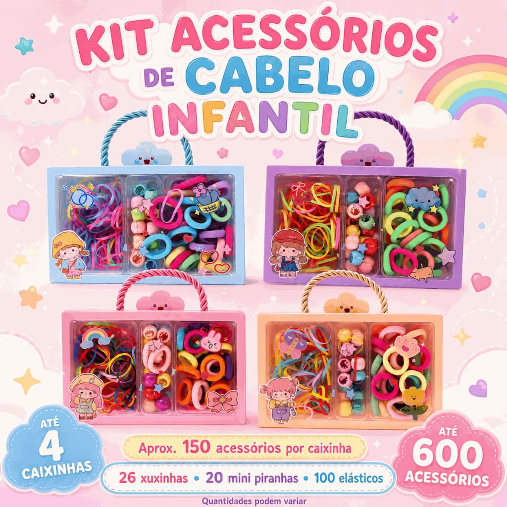 Kit até 600 Acessórios de Cabelo Infantil com Xuxinha Elásticos Liguinha e Mini Piranhas em Caixinha Organizadora Menina