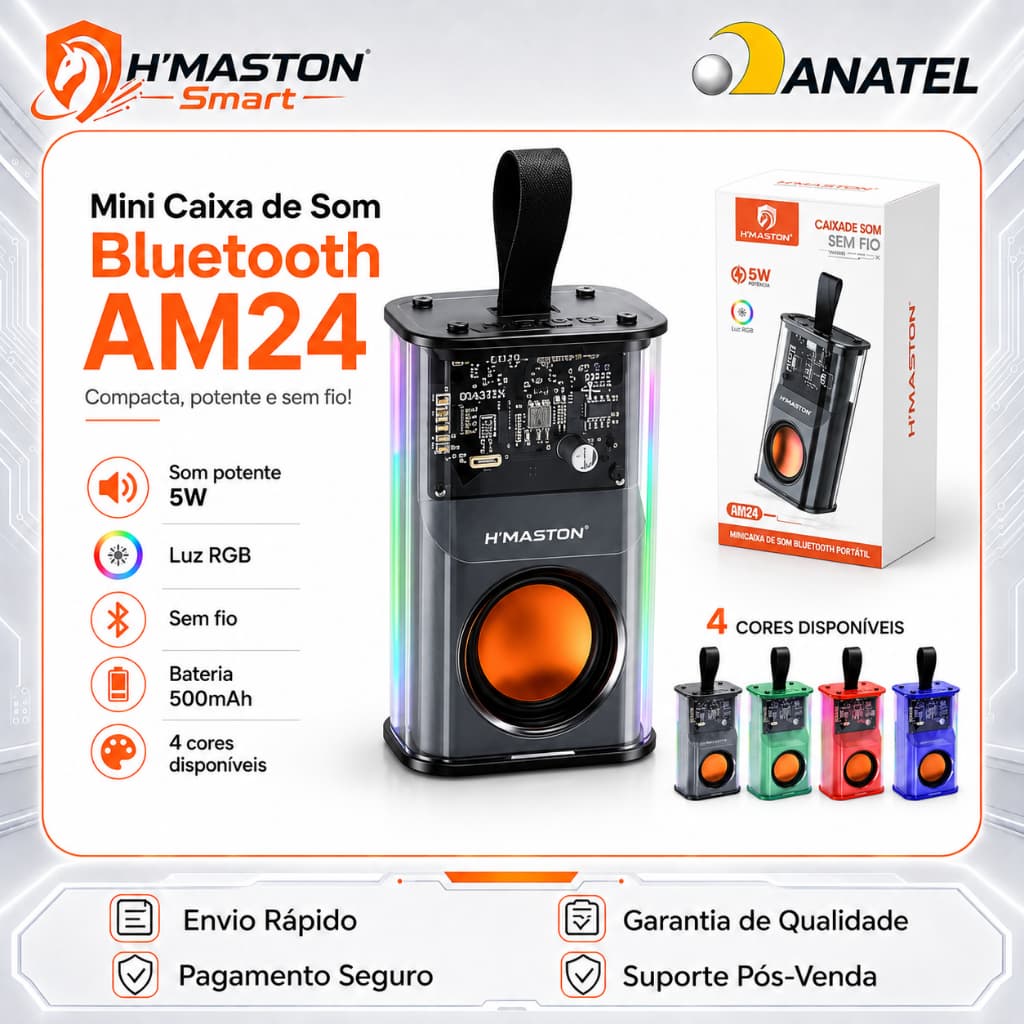H'maston AM24 Som Caixa Bluetooth Portátil  Caixa De Som Bluetooth 5.0 Com Luz Rgb E Microfone
