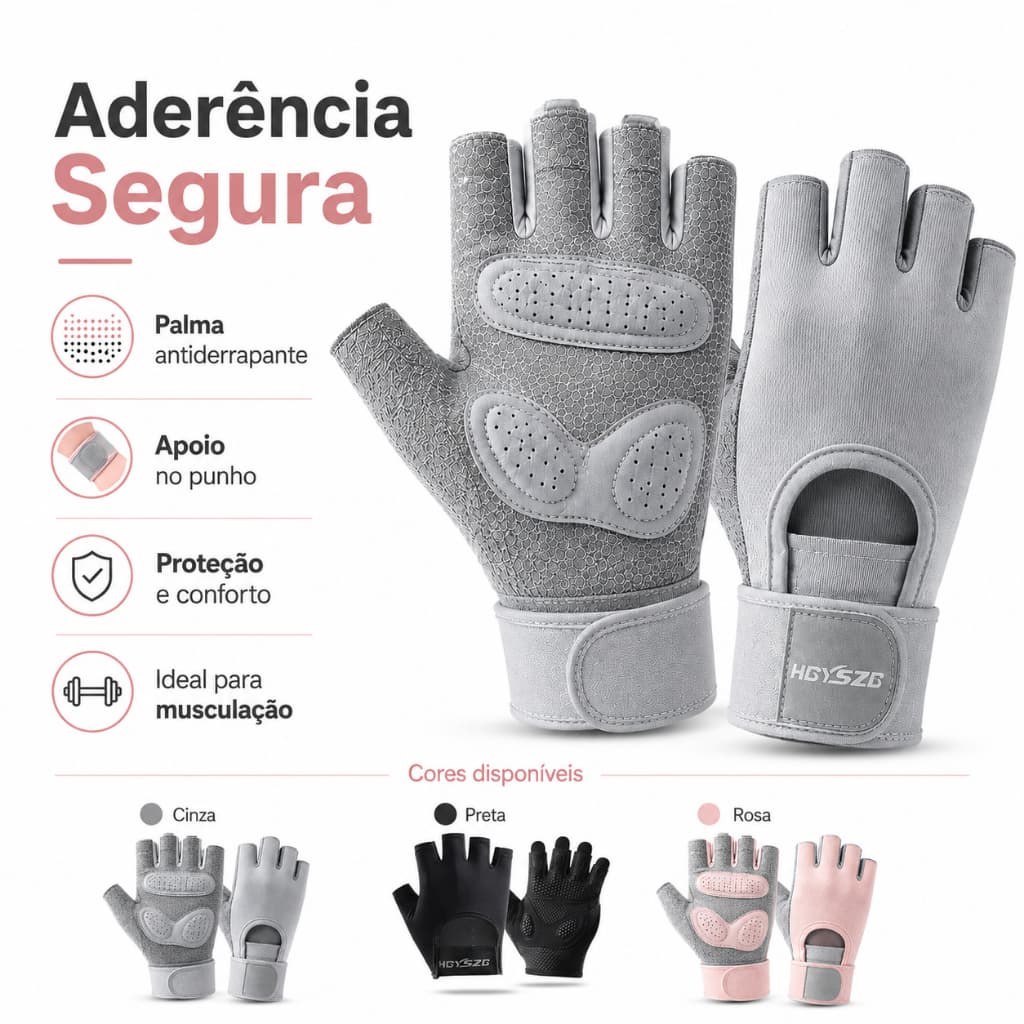 Luva de Academia com Munhequeira 1 Par Antiderrapante Respiravel Meio Dedo Fitness Musculacao Crossfit - Envio Imediato