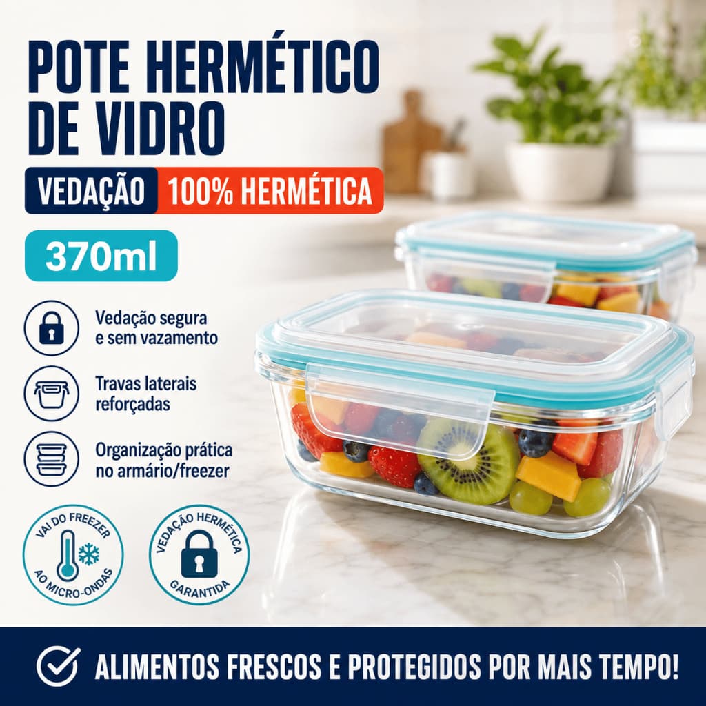 Pote Hermético de Vidro 370ml Marmita Porta Alimentos Tampa e Travas Organização Cozinha