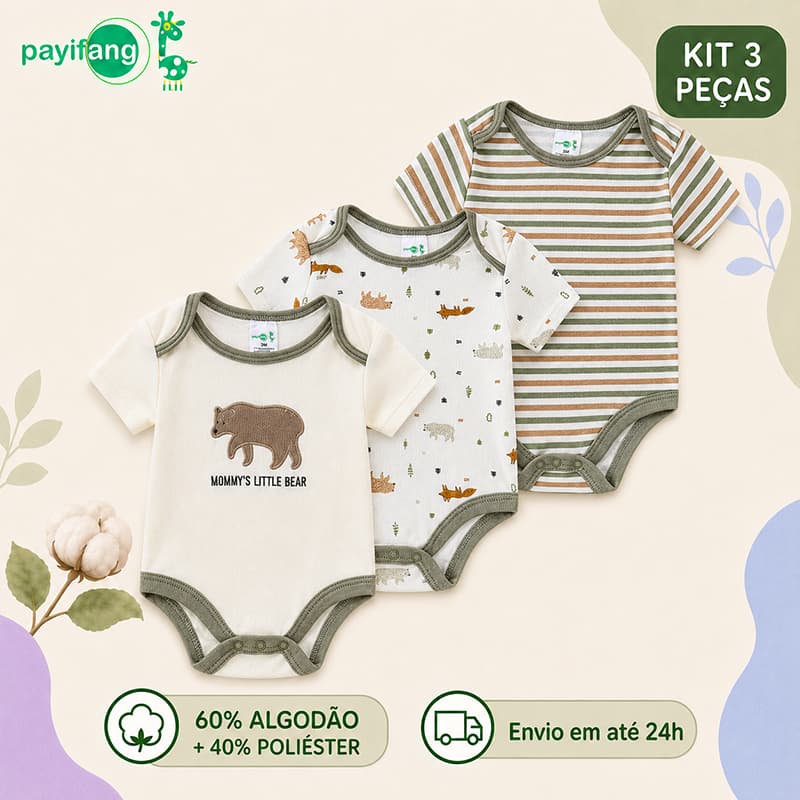 Payifang Kit 3 Bodies Bebê Menino Ursinho Manga Curta 60% Algodão Tons Naturais 3M 6M 9M
