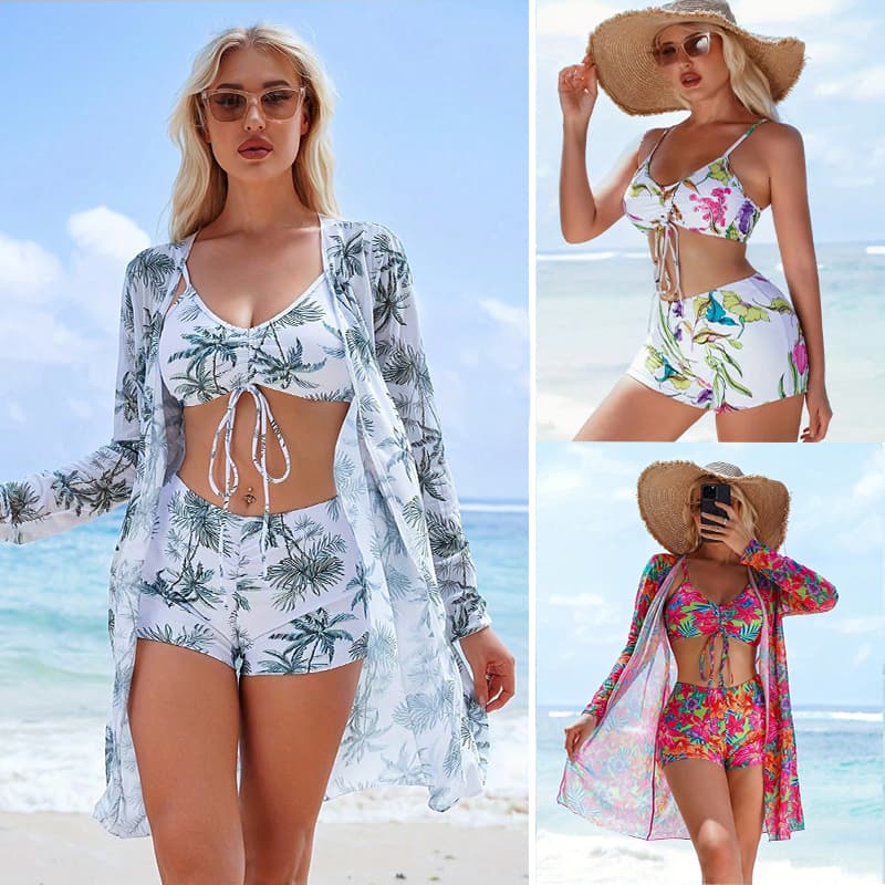 Biquíni 3 Peças Floral Calcinha Cintura Alta Com Saída De Praia Conjunto Feminino Verão