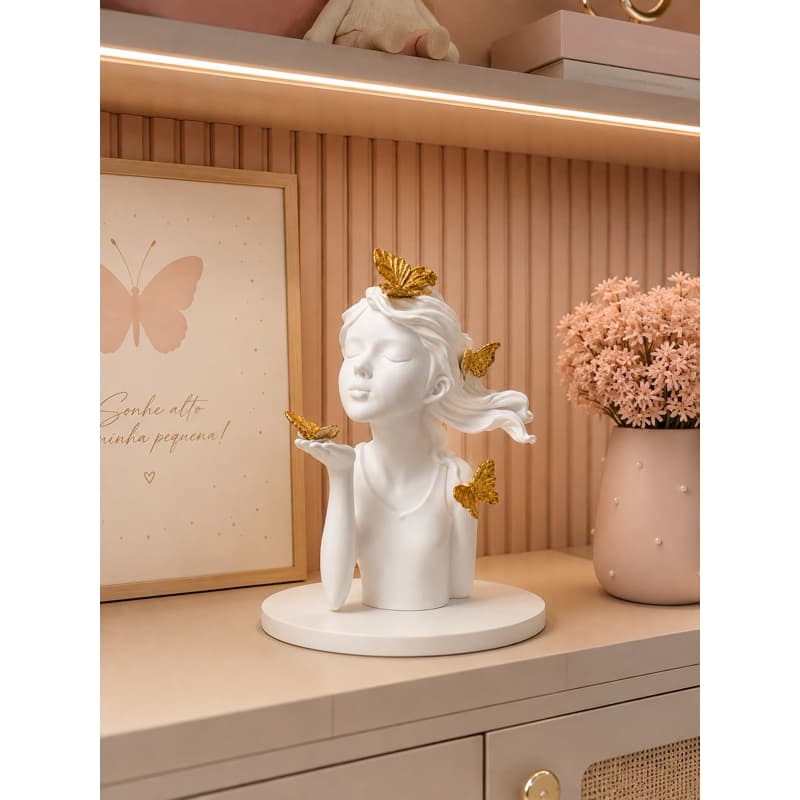 Estátua Decorativa Menina com Borboletas | Decoração Casa Luxo Sala Quarto Infantil, Nicho, Prateleira
