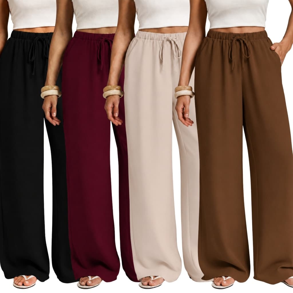 Kit 4 Calça Pantalona Feminina Tecido Duna Cintura Alta Com Bolso Casual Confortável Elegante