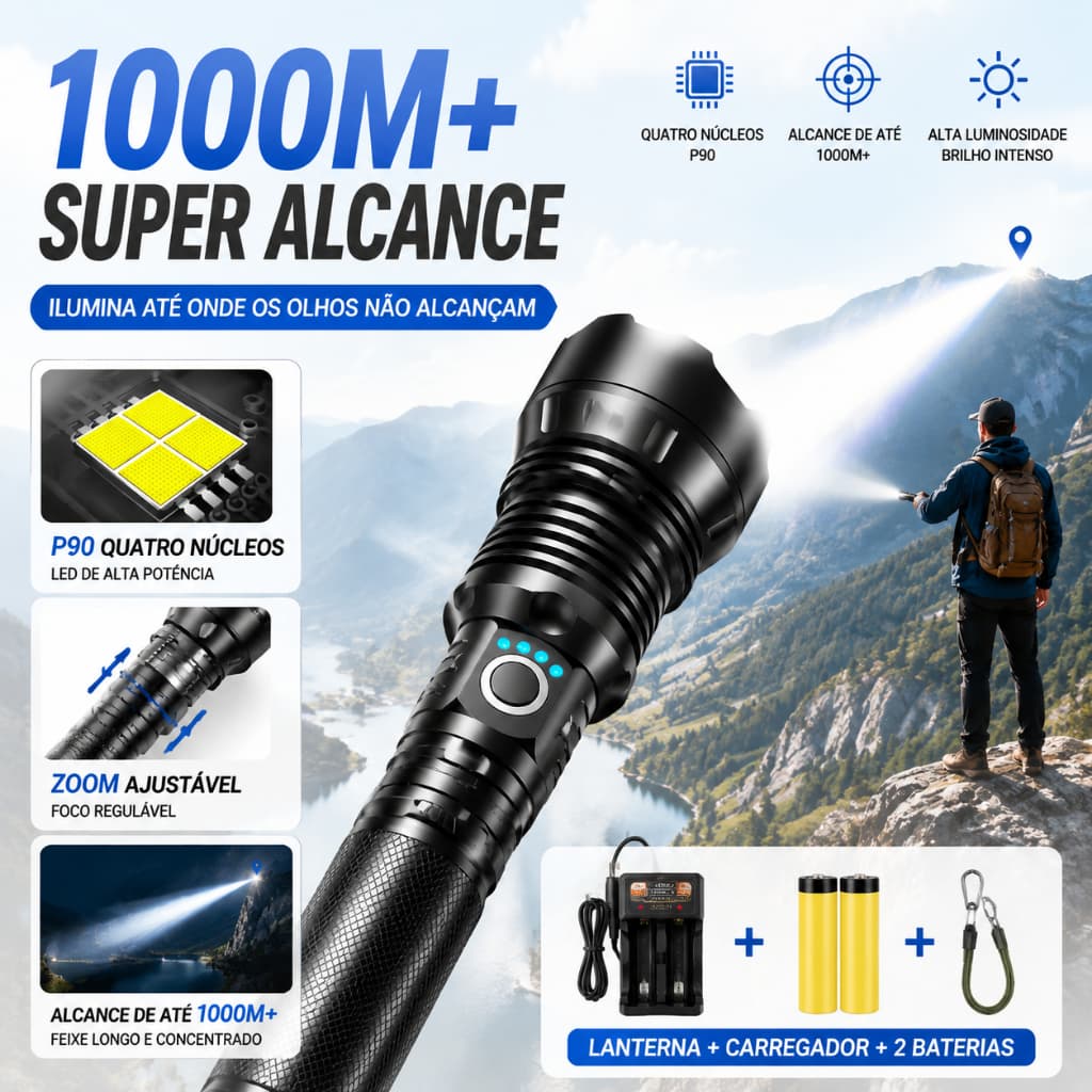 Lanterna P90/P50-T9 LED Tática Recarregável Longo Alcance 1000M+ para Camping e Fazenda