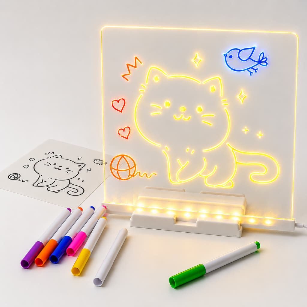 Lousa LED Acrílica Reutilizável Luminária 3D Quadro de Recados Escreve Apaga Brinquedo
