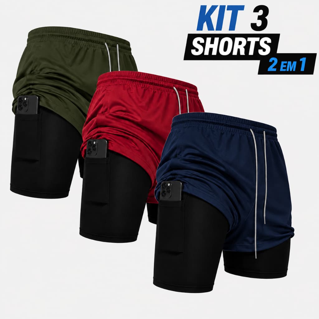 KIT 3 Shorts 2 Em 1 Dry Fit Esportivo Corrida Treino Academia Performance