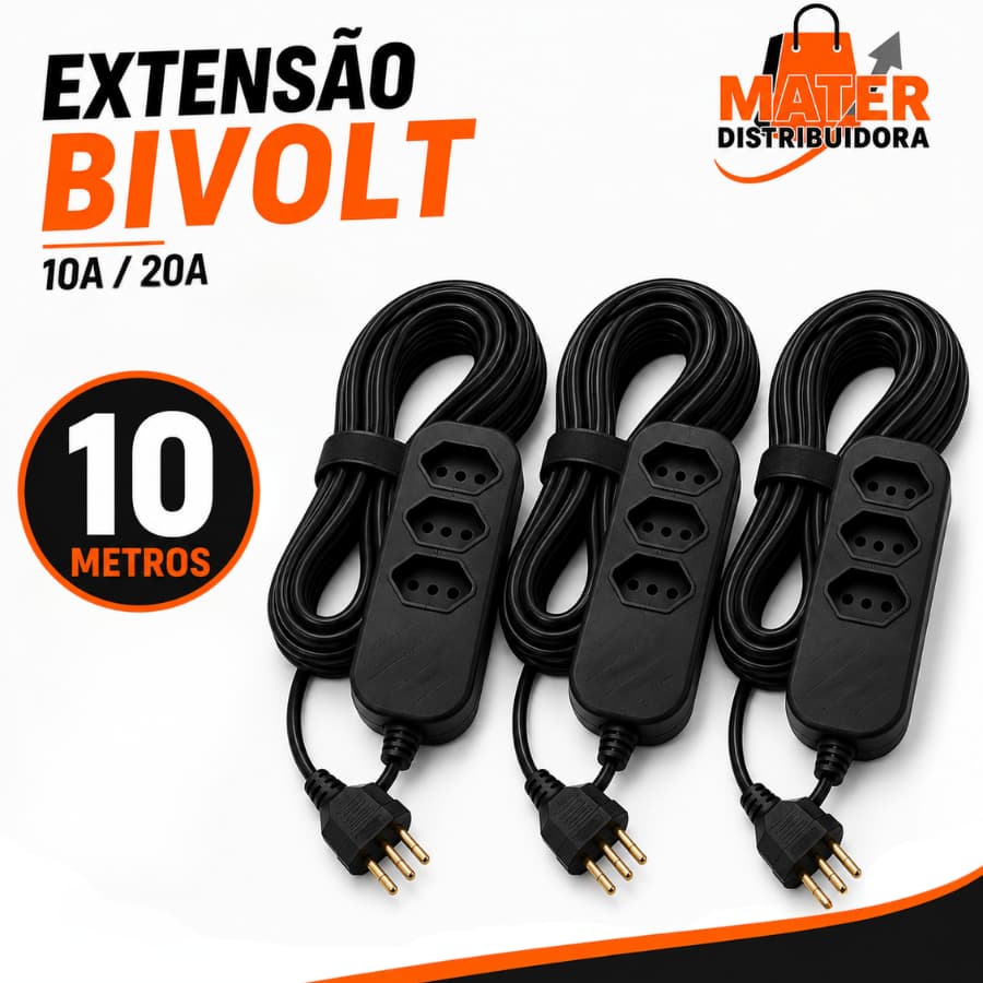 Kit 03 Extensão de Energia Preta 10A Bivolt 10 Metros Preta Durável Cabo Flexível