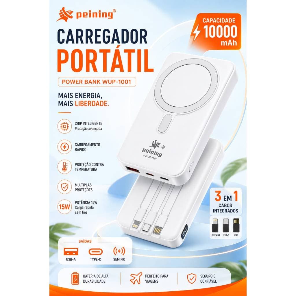 Carregador Portátil Magnético 10.000mAh Power Bank 15W 3 Cabos Integrados