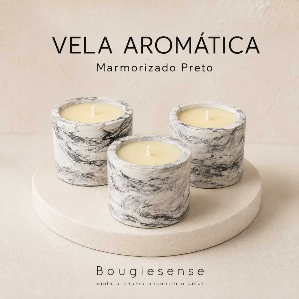 Kit Velas Aromáticas Artesanal 35g em Gesso Marmorizado Preto 5x5 cm – Decoração e Presente