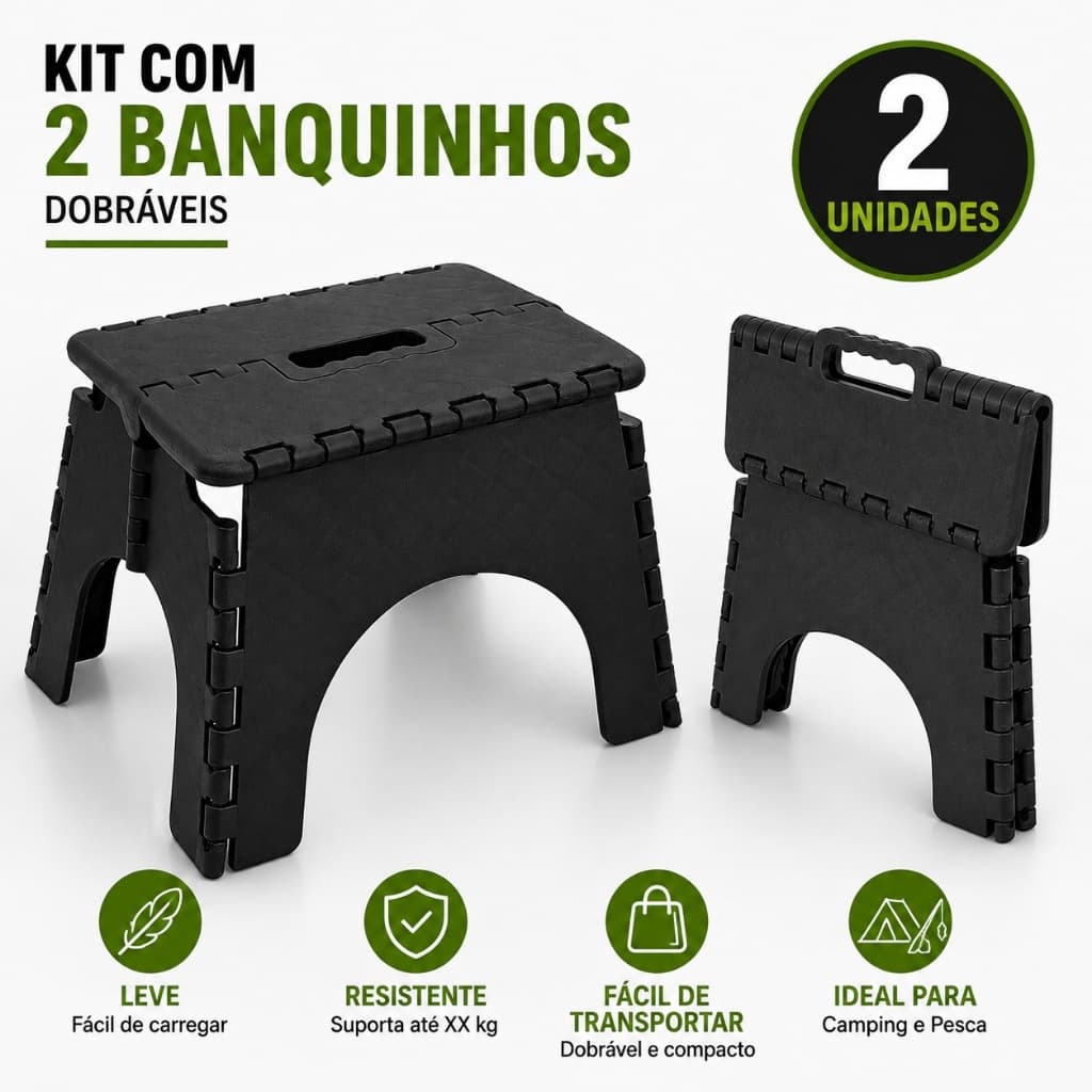 Kit 2 Banquetas Banquinhos Dobráveis de Plástico até 60kg para Camping Pesca Viagem Praia