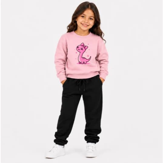 Conjunto Moletom Agasalho Duas Peças Calça e Capuz Infantil Estampa Fofa Colorida Dino Rosa