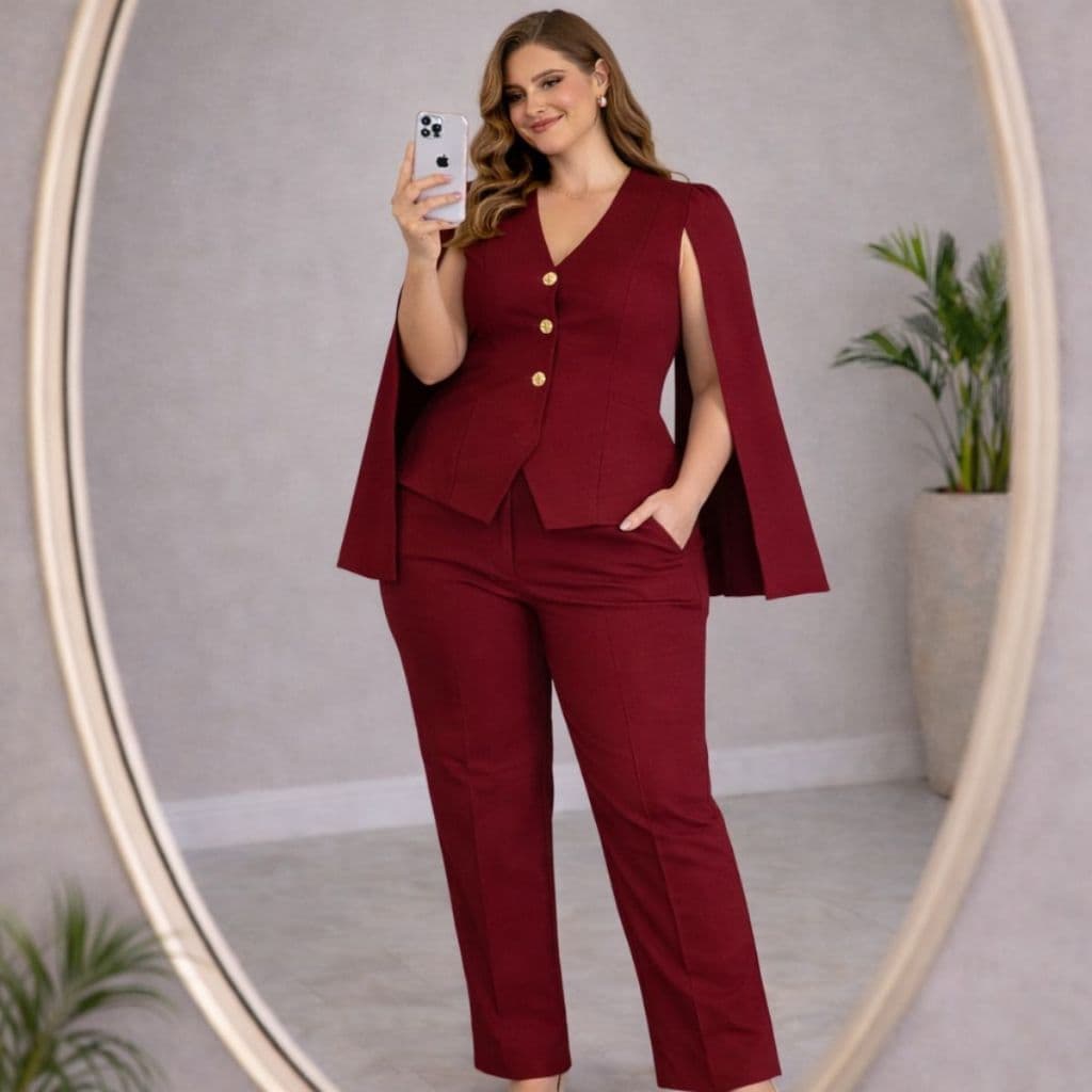 Conjunto Feminino Alfaiataria Plus Size Social Elegante Colete  manga Capa