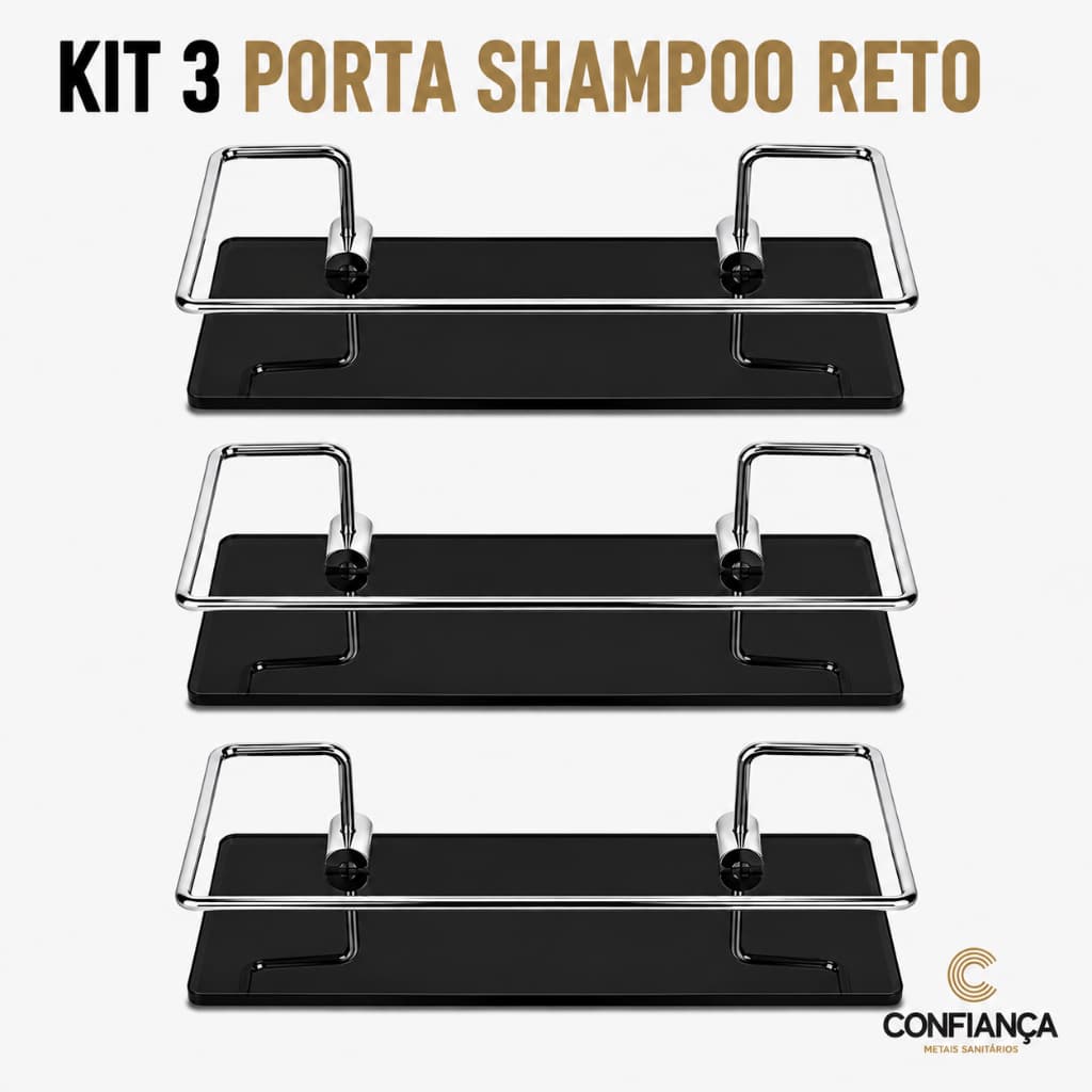 Porta Shampoo Para Banheiro Suporte De Vidro 6mm Fumê Reto Preto C/ Cromado Anti Ferrugem KIT 03 UN