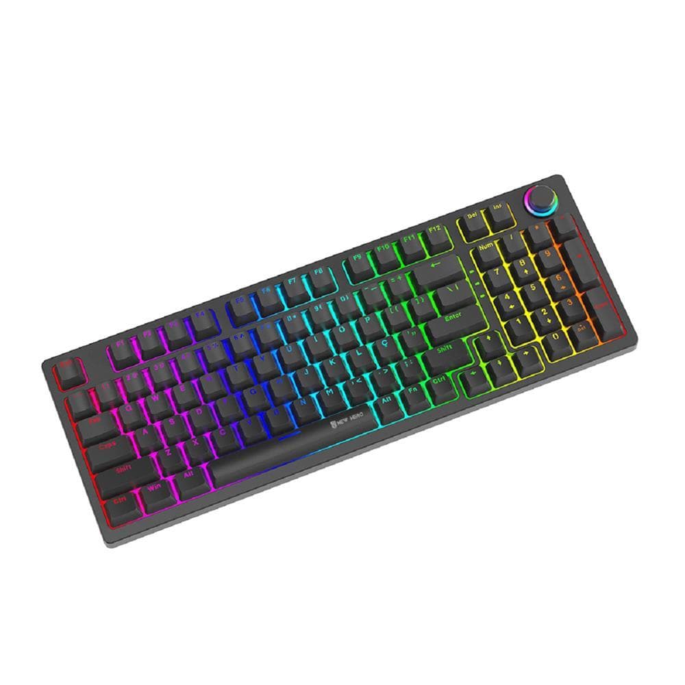 Teclado Mecânico Gamer New Hero Warlock Rainbow Switch Blue USB ABNT2 Preto com Controle de Volume RGB