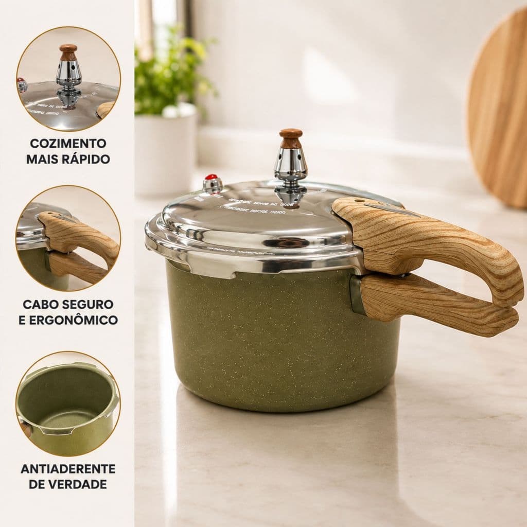 Panela Pressao Cabo Madeira Cozimento Feijao Carne Preparo Refeicao Cozinha Resistente Casa Moderna