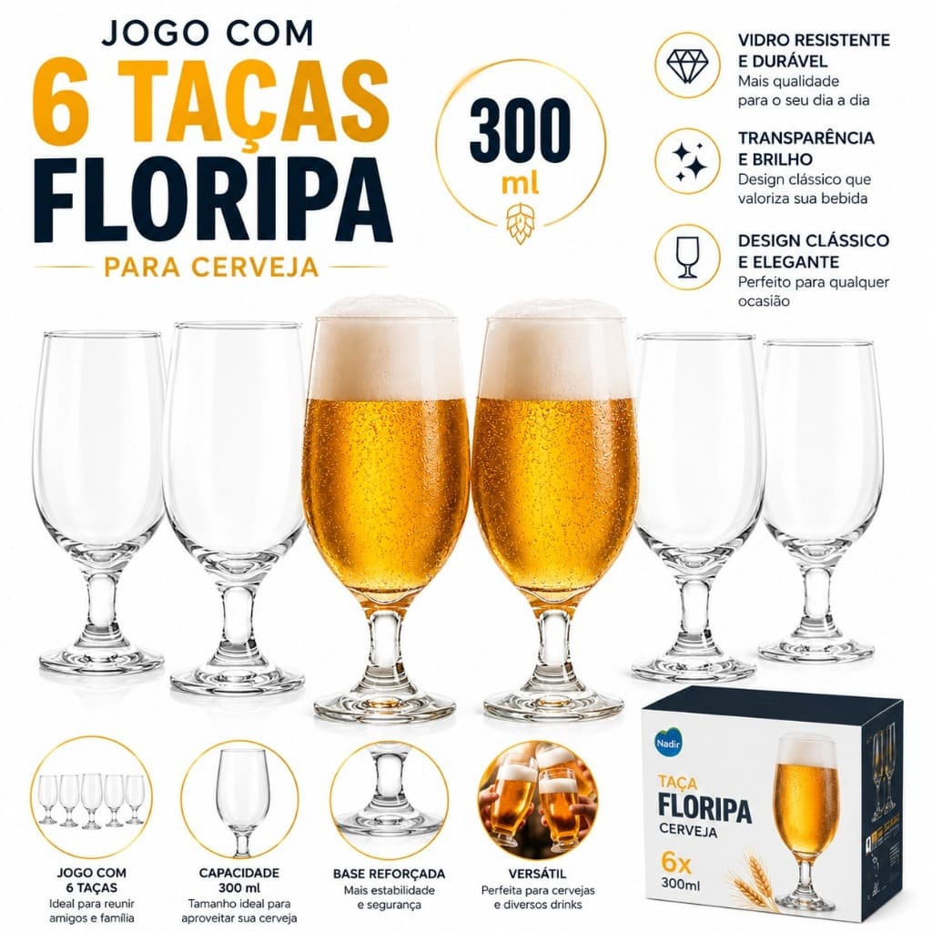 Jogo 6 Taças De Vidro Cristalino Cerveja Floripa Nadir Figueiredo Jantar Mesa Posta Elegante Resistente Lavadora