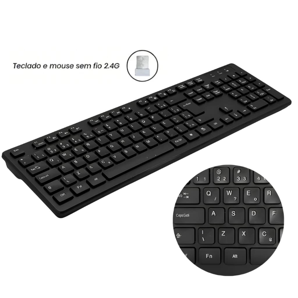 Teclado Sem Fio 2.4G ABNT2 Padrão Brasileiro Aitek ATE-W11 USB Receptor Nano Para PC Notebook