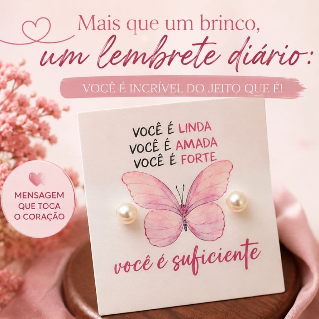 Kit Brinco de Pérola com Tag Motivacional Borboleta Mensagem Inspiradora Presente Delicado para Mulheres