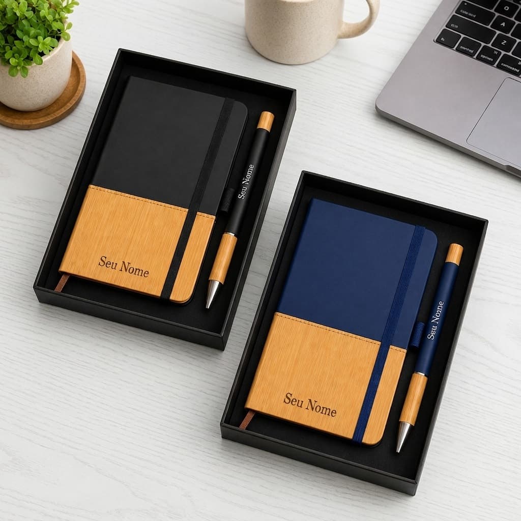 Kit Caderno Personalizado Com Pauta com Caneta de Metal e Caixa Presente Elegante Bloco de Anotação, Aulas, Bambu