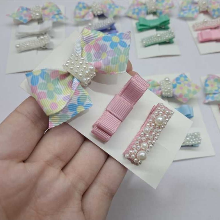 kit de 4 mine Laço Infantil Baby Floral – Presilha Antideslizante com Pérolas