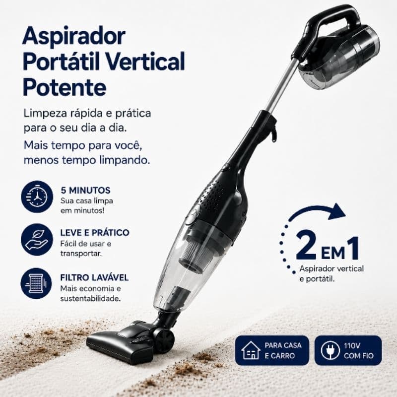 Aspirador Portátil Vertical Potente Limpeza Rápida Casa Carro 110v Fio 2 Em 1