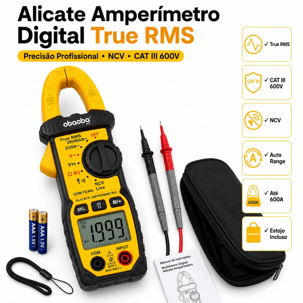 Alicate Amperímetro Digital True RMS NCV Auto Range CAT III 600V Multímetro de Garra Até 600A