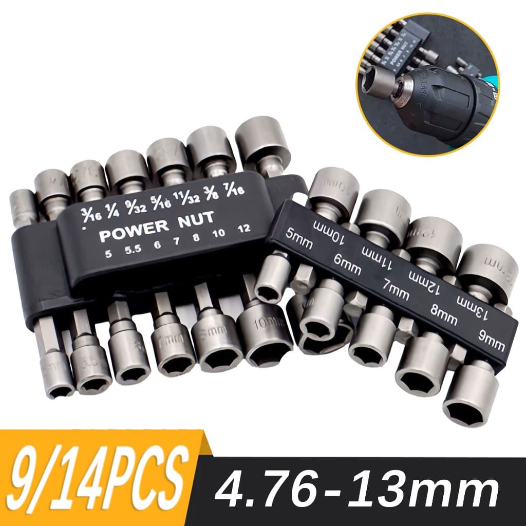 Jogo de Soquete Sextavado 14 Peças 4.76-13mm para Parafusadeira e Furadeira Kit Adaptador Magnético