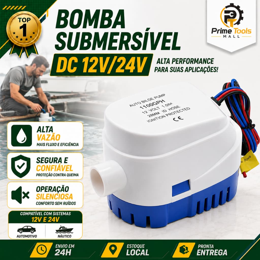 Bomba de Bilge Automática Submersível 12V 1100GPH - Branco e Azul