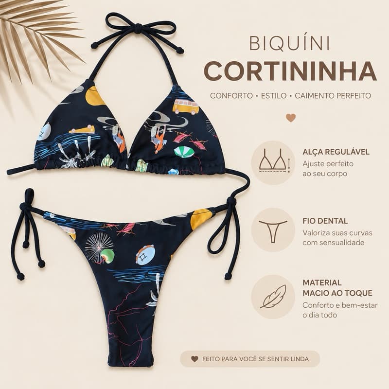 Biquíni Cortininha Fio Dental Estampado Alças Reguláveis Praia Clube