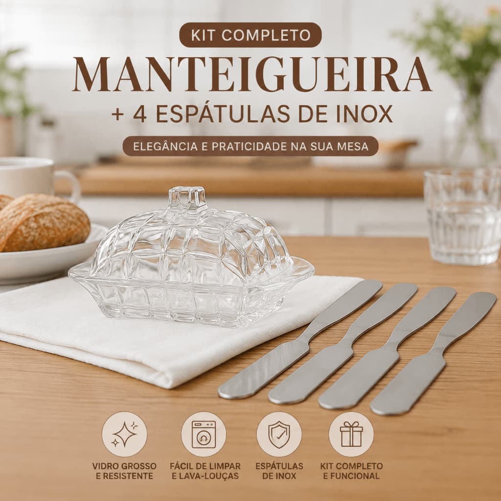 Kit Manteigueira Manteigueira de Vidro Retangular 17cm + 4 Espátulas para Manteiga de Inox Ideal Patês Geleias