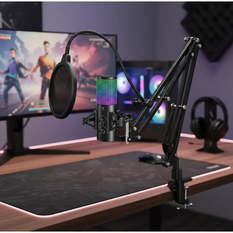 Conjunto de Microfones Condensador USB Profissional com Suporte de Mesa Iluminação RGB