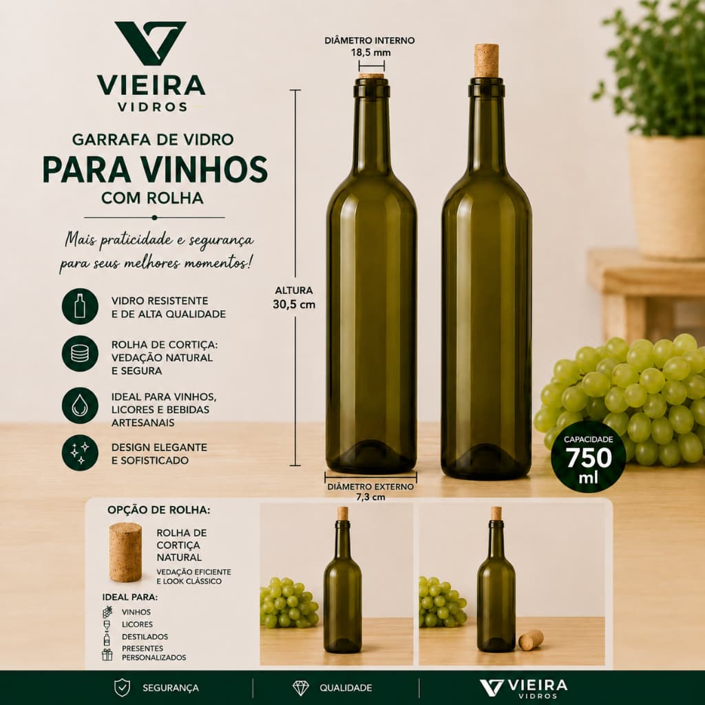 Kit 12 Garrafas De Vidro Verde Bordalesa Cônica ROLHA+ CAPSULA - 750ml