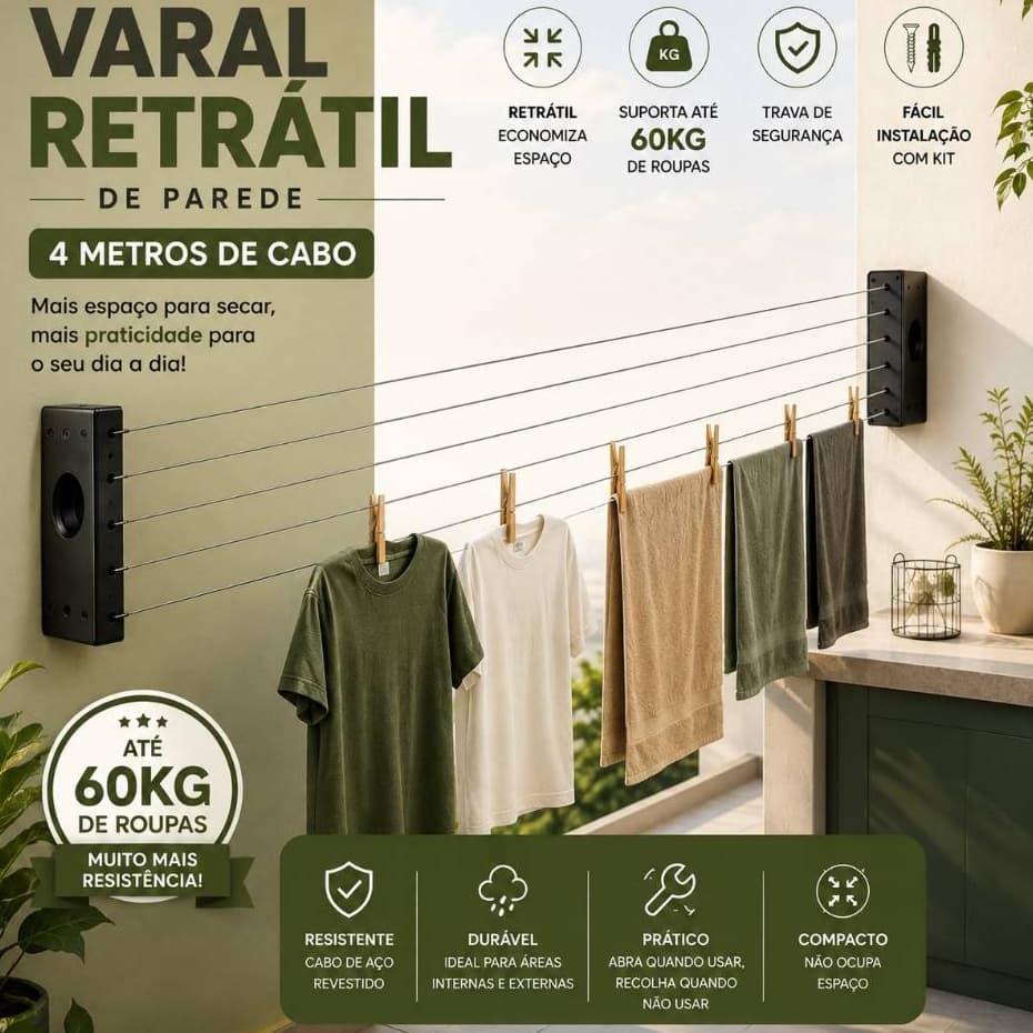 Varal Retrátil 4m Economiza Espaço Ideal Para Lavanderia Apartamento e Banheiro
