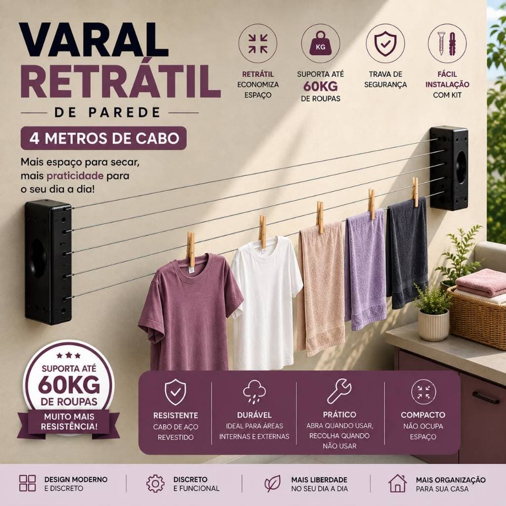 Varal De Parede Retrátil 4m Compacto Retrátil Para Apartamento e Área de Serviço