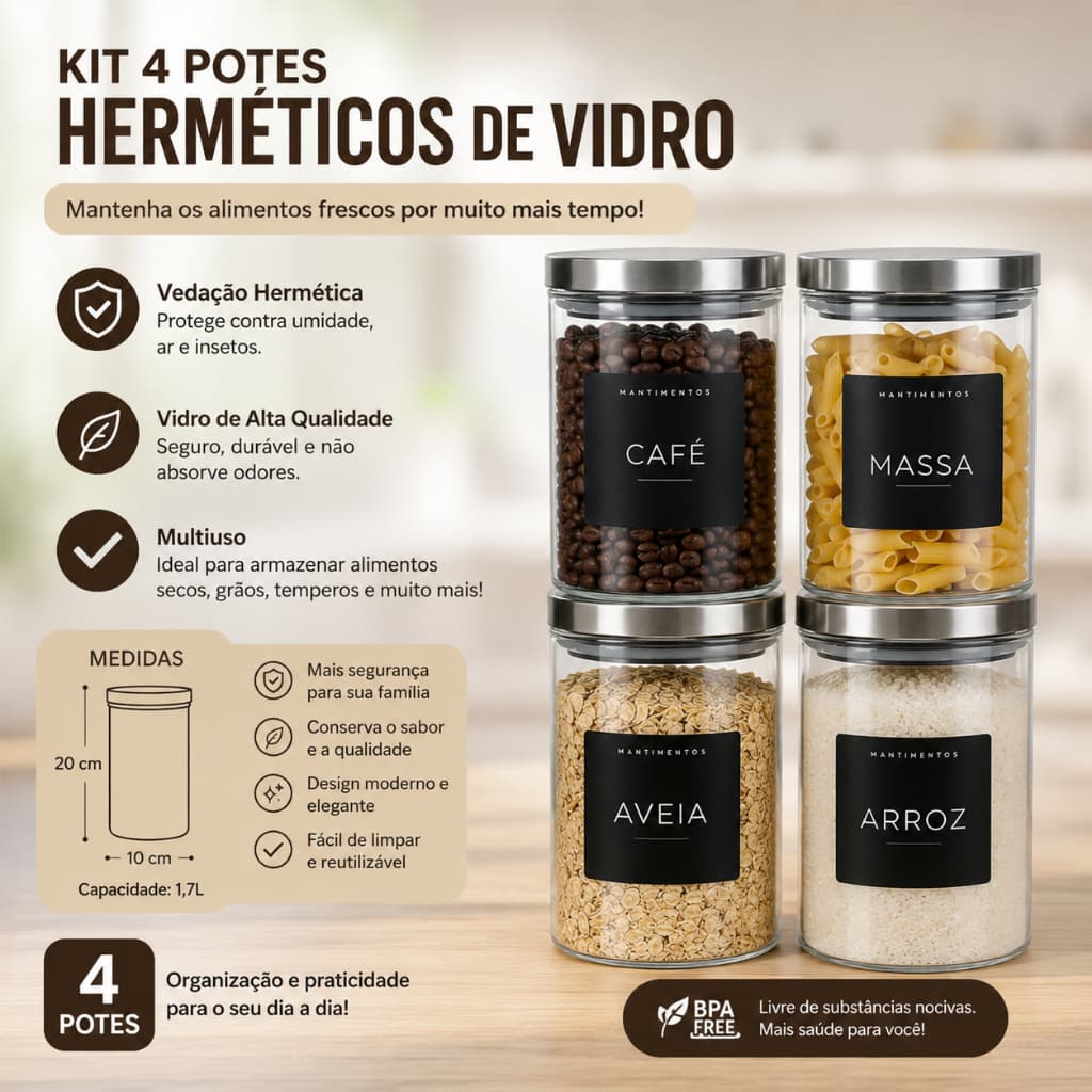 Potes Herméticos 1 Litro Tampa Inox Vidro Kit 4 unidades