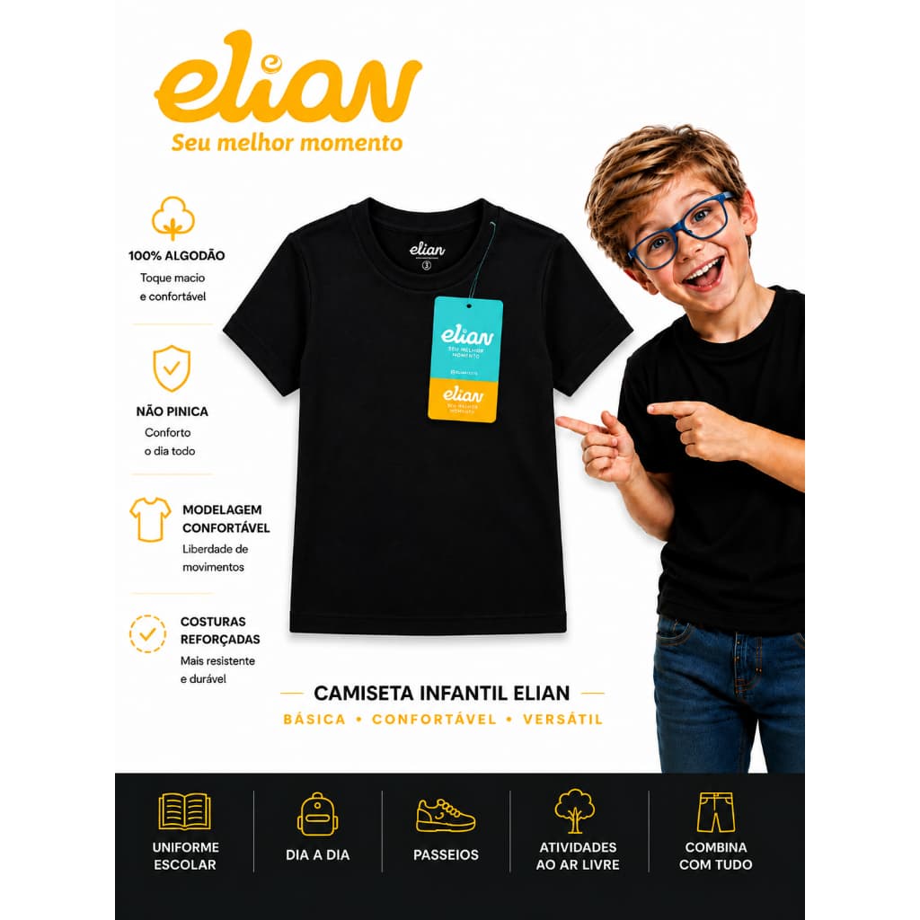 Camiseta Preta  Camiseta Menino Preta  Camiseta Básica ORIGINAL Elian Menino Infantil Juvenil