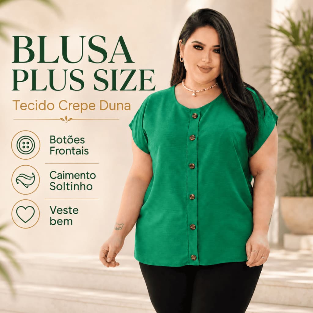 Blusa Feminina Plus Size Manga Curta Japonesa Casual Elegante Soltinha em Crepe Duna Tamanho Grande
