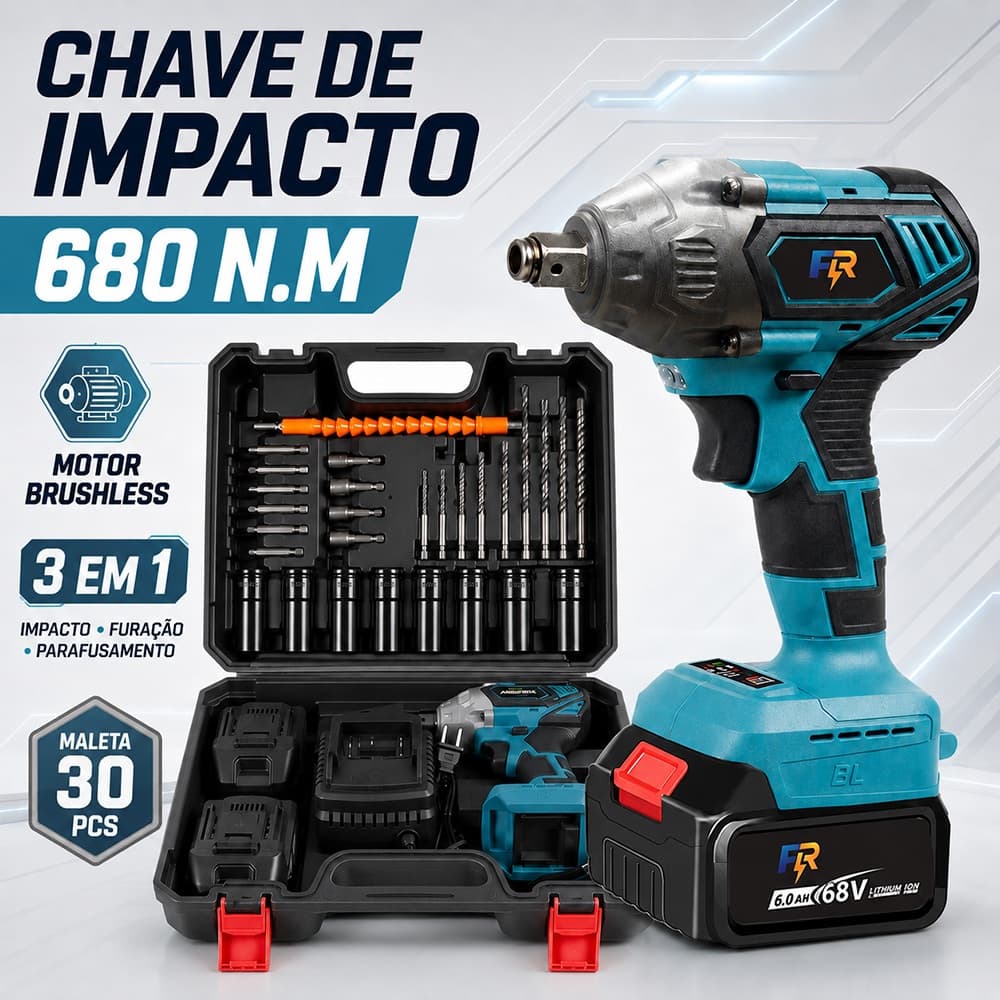 Chave de Impacto a bateria Profissional Com 68V Bateria Motor Brushless Kit Completo Acessórios